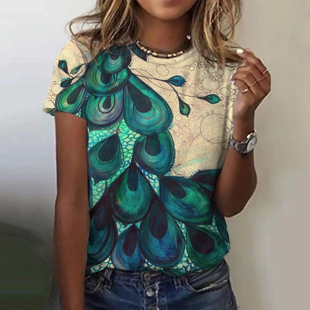 Letnie Pióra Pawia Koszulki z Nadrukiem 3D Damskie Streetwear Codzienna Moda Koszulka z Krótkim Rękawem O-neck Koszulki Dziecięce Topy Ubrania