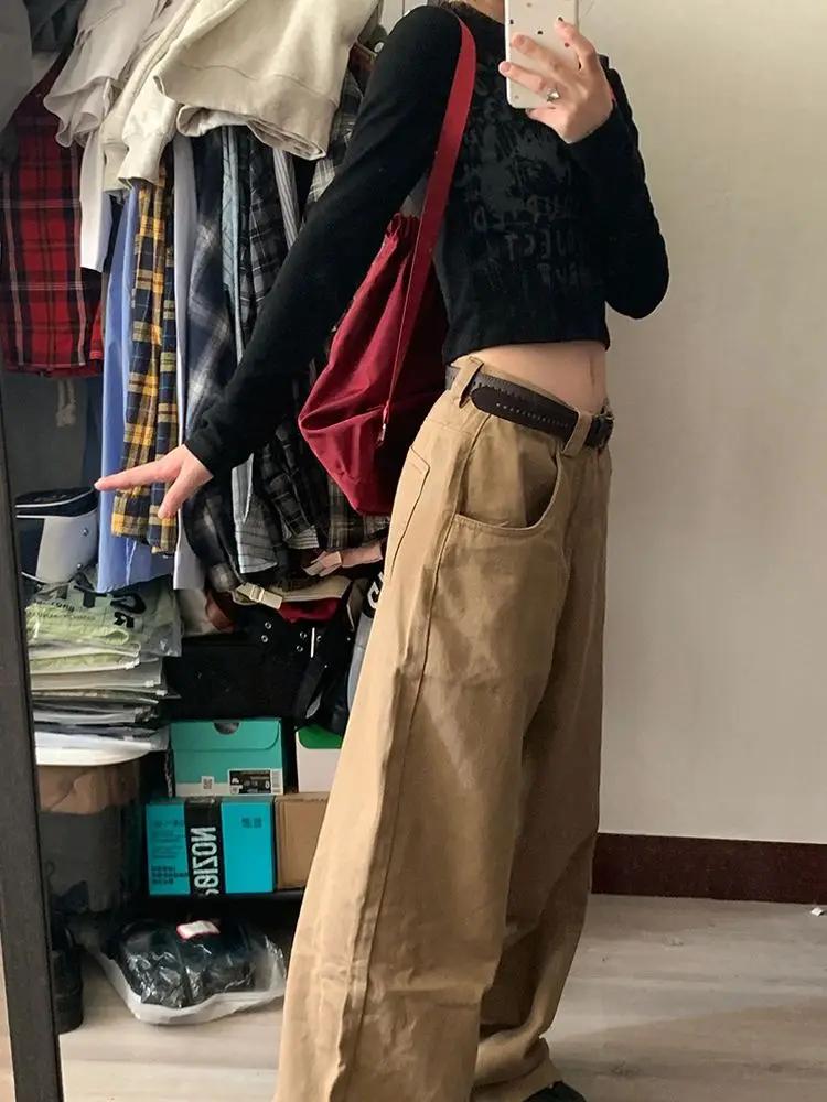 Jean cargo vintage marron Y2k pour femme, pantalon surdimensionné de style japonais des années 2000, pantalon large en denim coréen Harajuku