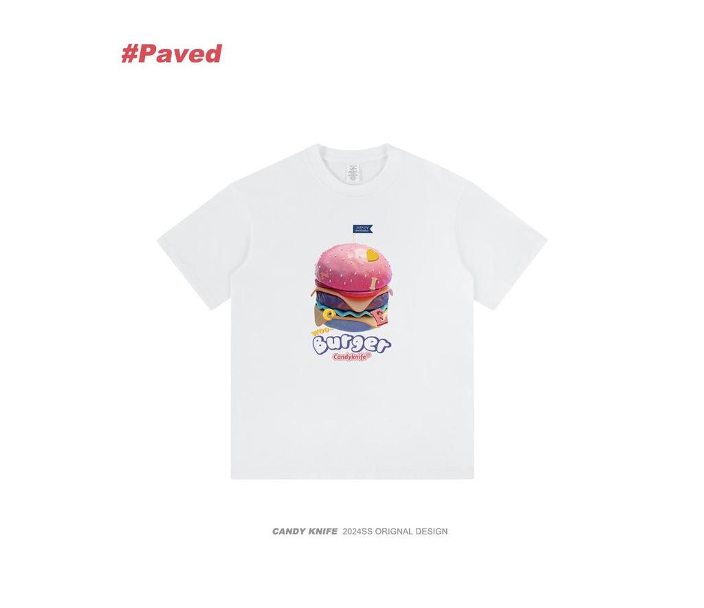 Retro Hamburger Print Short Sleeve T-Shirt for Couples - Trendy, Loose Fit for Men & Women