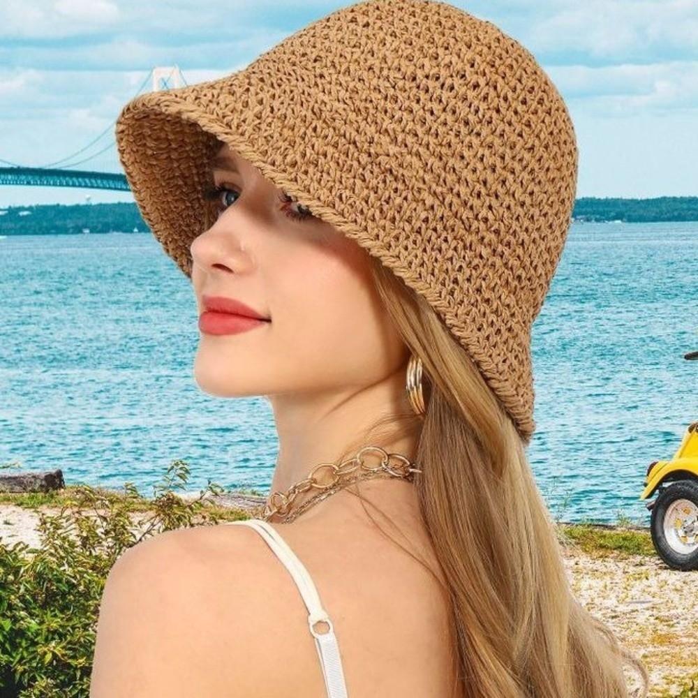 Korean Style Women Sun Hat Solid Color Bucket Hat Casual Straw Fisherman Hat  Girl