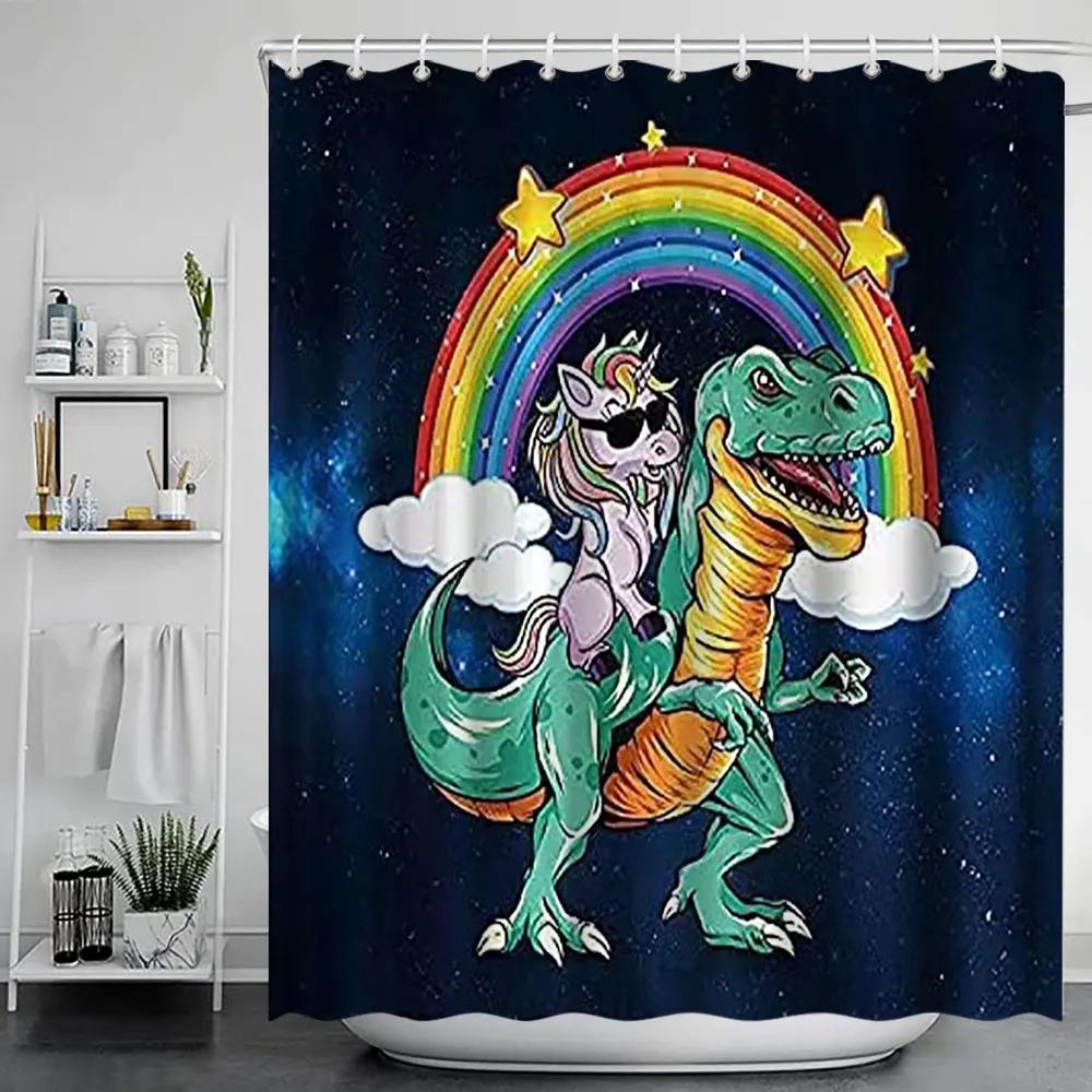 Cartoon Animal Shower Curtains Funny Bathe Dinosaur Cute Black Pet Cat Flower Plant Leaves Kids Bathroom Decor Cloth Curtains