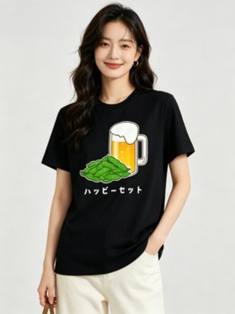 Funny Happy Set Beer and Edamame Graphic T Shirt Japanese Izakaya Themed Casual Short Sleeve Tee for Summer Daily Wear
