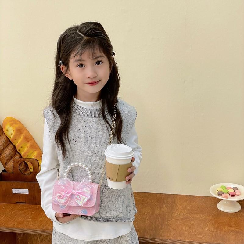 Adorable Butterfly Knot Design Children's Handbag Stylish Pearl Handle For Kids