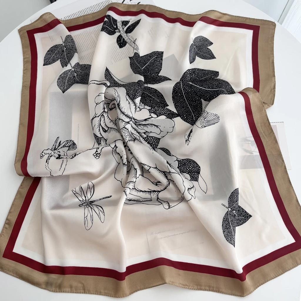 Luxury Floral Print Shawl Square Scarf for Women Soft Satin Wraps Neckerchief Female Hair Bands Ribbon Headband Bandana