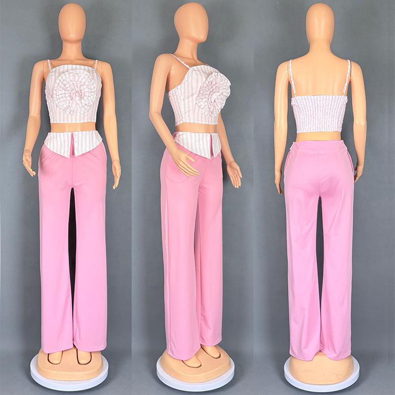 European-American Design Women's Striped Floral Tube Top & Straight-Leg Pants Set