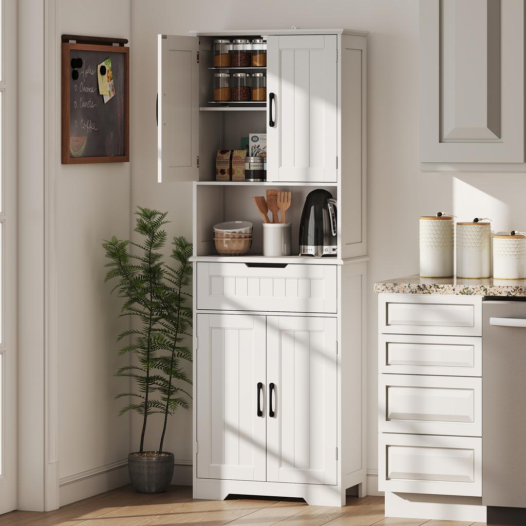 172 Cm Tall Kitchen Pantry Cupboard W/ Small Open Counter, Freestanding Kitchen Cabinet W/ 2 Adjustable Shelves, White