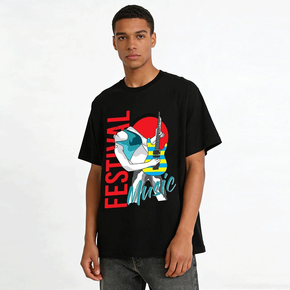 Vintage Rock Festival Guitar Print Casual Short Sleeve T-Shirt Pure Cotton T-shirt