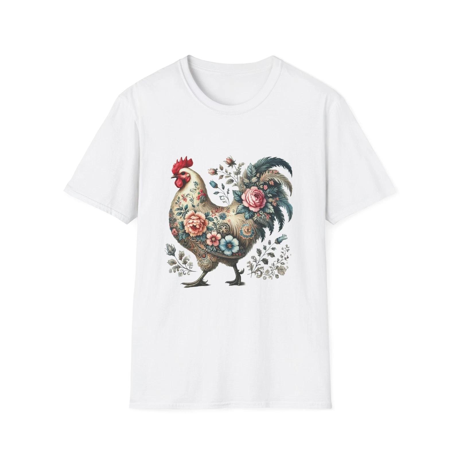 Floral Rooster Unisex Softstyle T-Shirt, Vintage T-Shirt, Casual Tee, Farmhouse 2XL