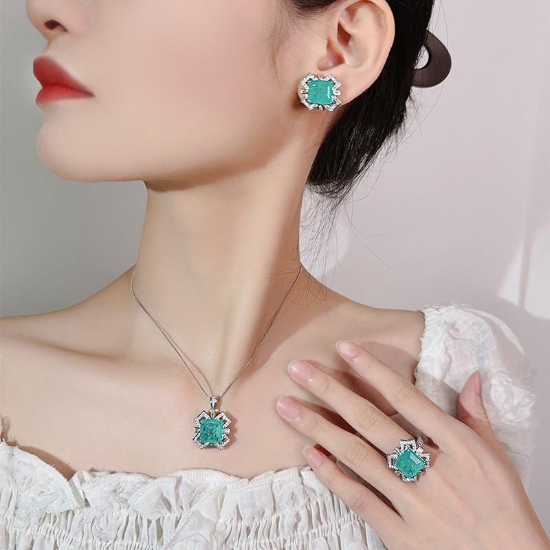 Accessories Earrings Necklace Ring Set Colorful Treasure Paraiba Square Design Fashion Sense Retro Women'S