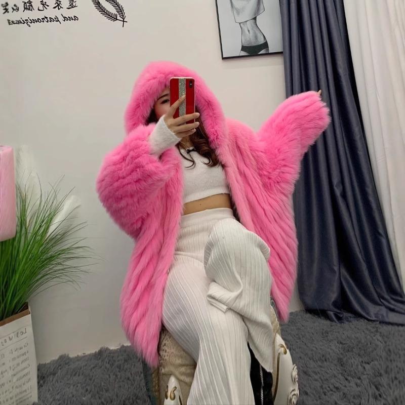 2 winter new imitation car strips imitation fox hair woven coat hooded bat imitation fur coat