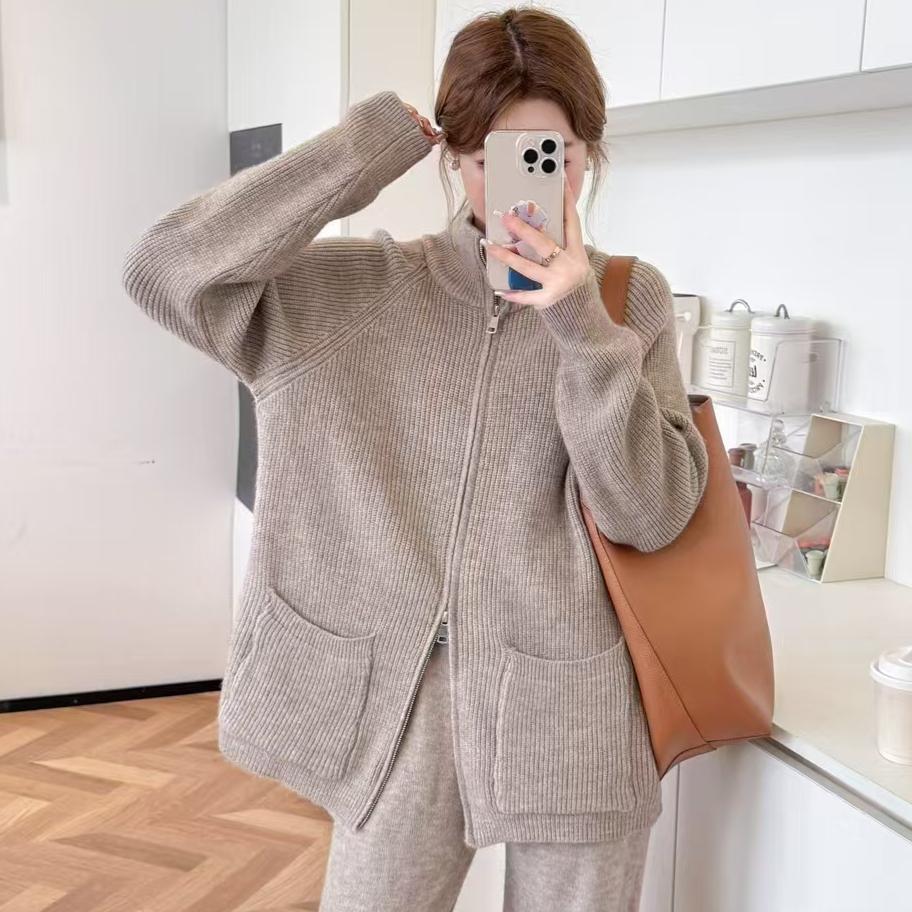 DIMANAF 2024 Autumn Women Solid Zipper Sweaters Knitting Pocket Casual Style Turtleneck Loose Pullover Sweater