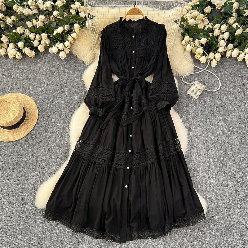 

Cool Air Fancy Dress Female French Refined Handmade Lace Patchwork Waist Trimming Lace up Elegant Big Hem Vacation Dress Black All yards
