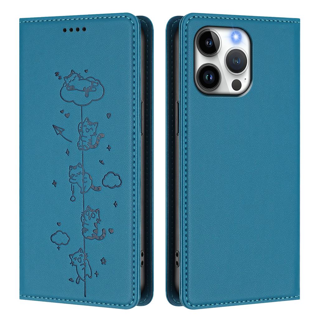 For iPhone 16 Pro Max Case RFID Blocking Wallet Stand Imprinted Cat Pattern Leather Phone Cover