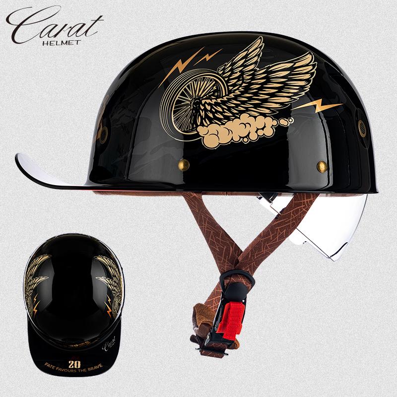 Motorcycle Retro Half Helmet with Blue Built-in Lenses Baseball Helmet For Harley Motorcycle Electric Scooter