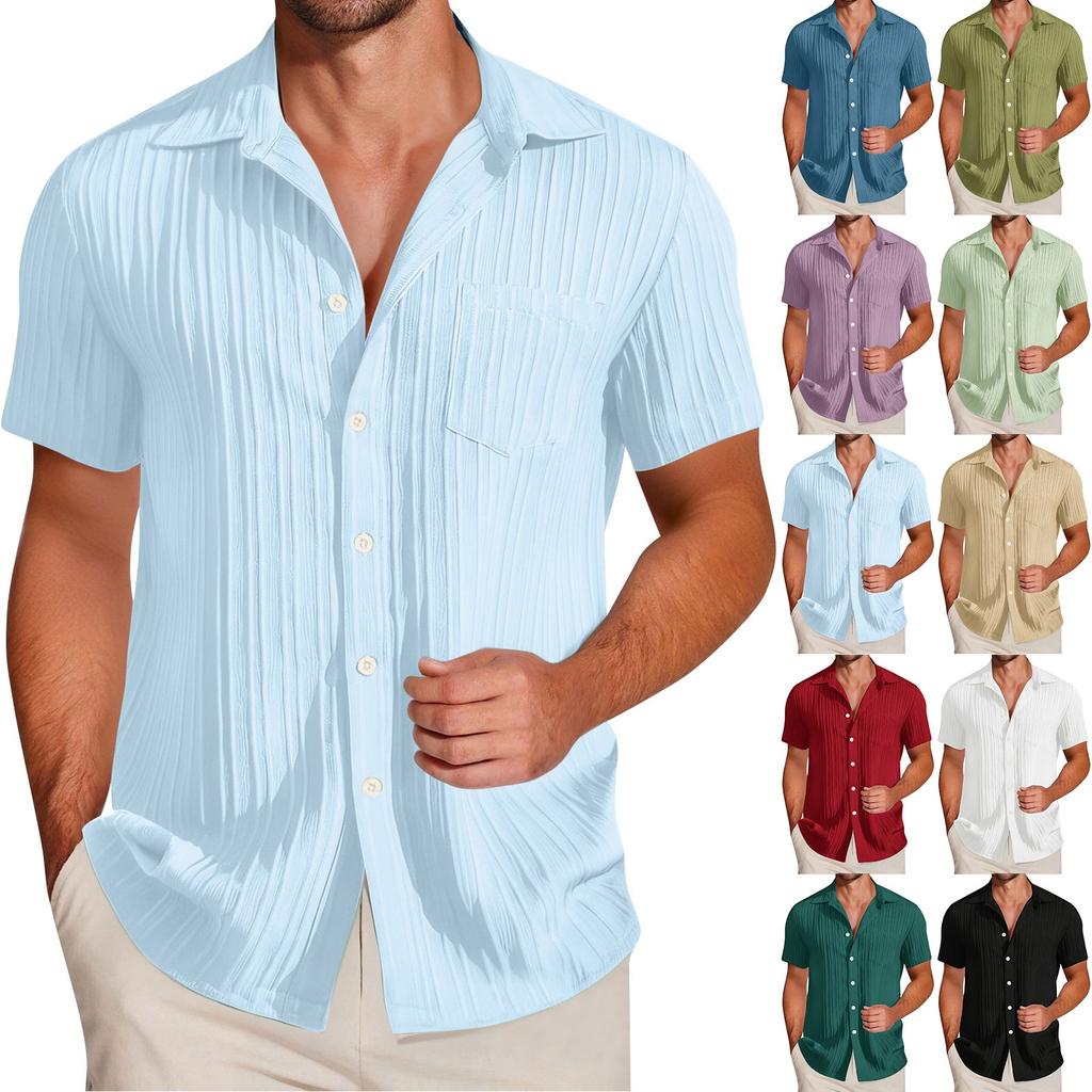 Men's Textured Casual Short-sleeved Shirt, Solid-color Loose Top With Pocket