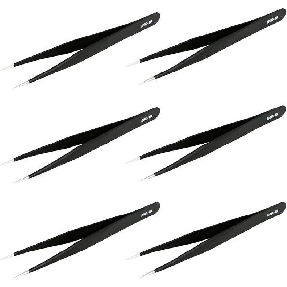 Aoje-Link ESD-13 Professional Anti-Static Technology Tweezers, Non-magnetic Flat and Round, Stainless Steel Plastic Coated, Full Length 120mm, Black,