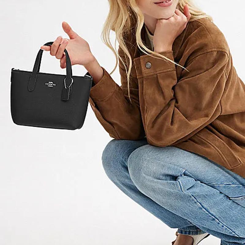 Coach City 15 Brand Logo Adjustable Detachable Shoulder Strap Leather Tote Bag Shopping Bag Crossbody Handbag Mini Women tote Black CW031-SVBK