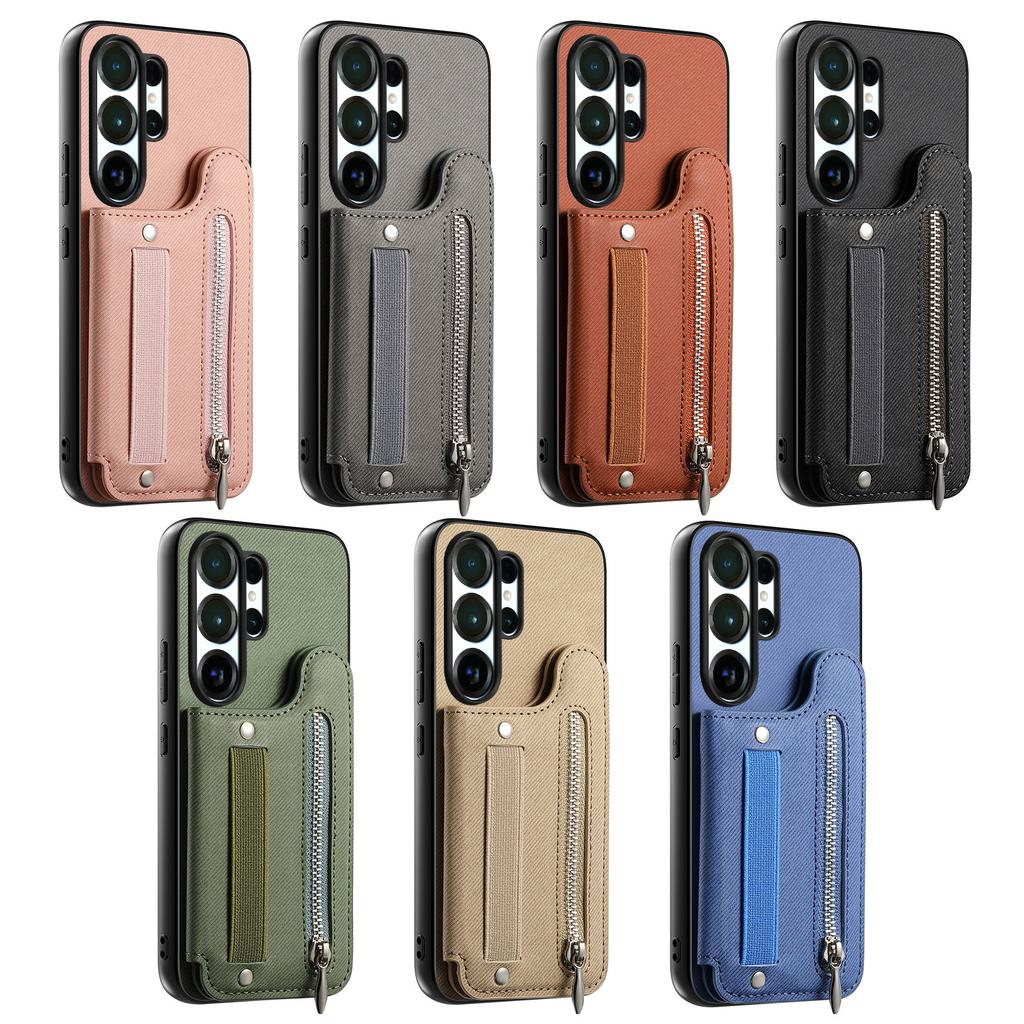 Magnetic Zipper Elastic Wrist Strap Cards Solt Wallet Leather Case For Samsung S25 Ultra S24 Plus S23 A17 A07 kickstand Cover