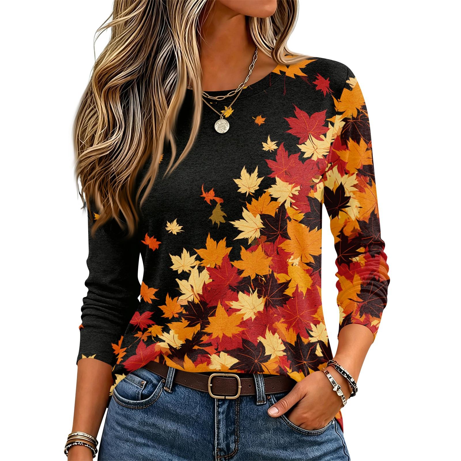 Women s Fashion Leaf Print Neck Long Sleeve Pullover Top XL