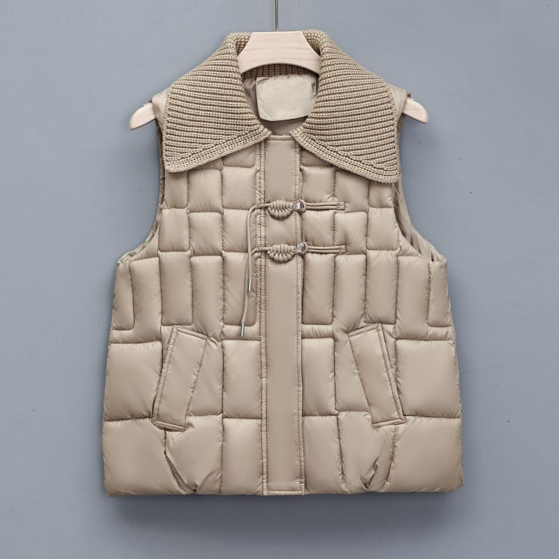 Women's Down Vest with Knitted Lapel Patchwork Vest Outer Wear Button-up Cotton Vest Vest Jacket for Autumn and Winter