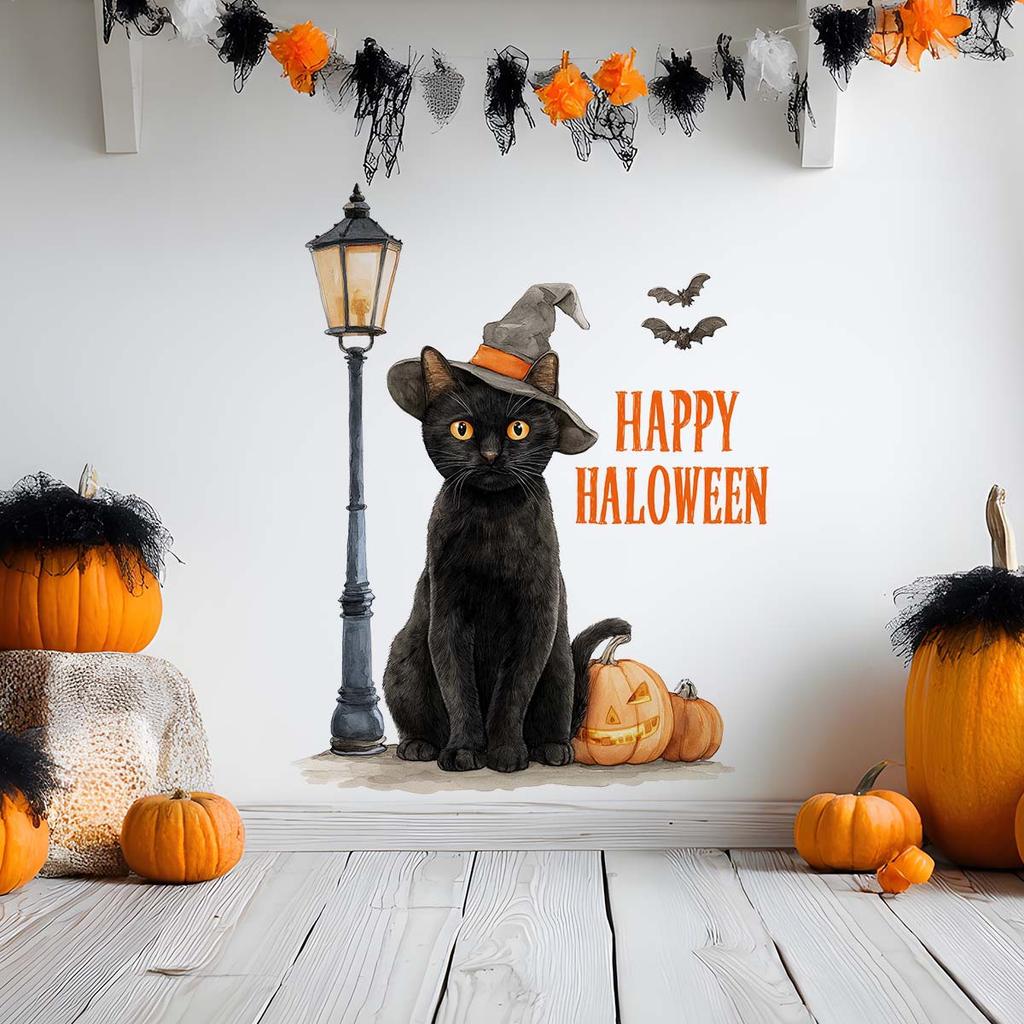 Retro Halloween Black Cat Wall Decal - Festival Elements Self-Adhesive Seamless Sticker