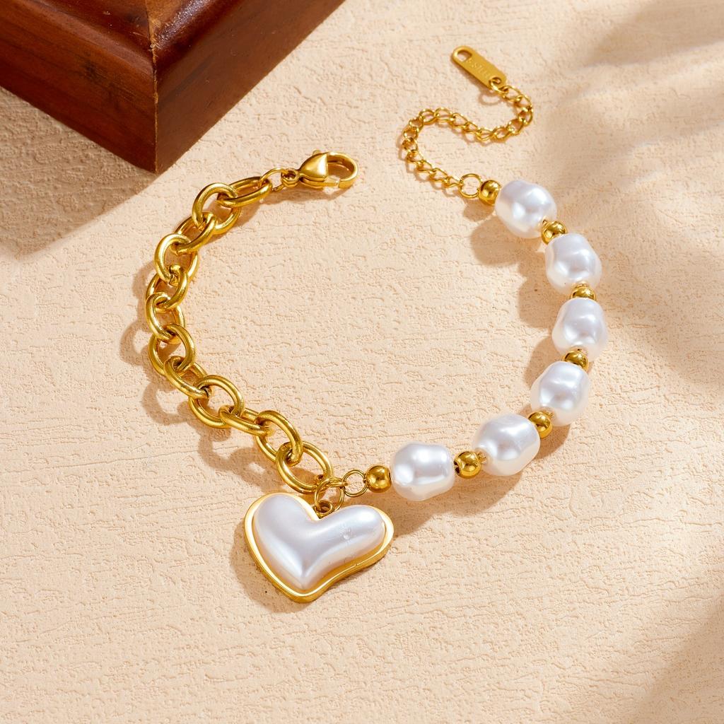 Pearl Heart Creative Link Chain Pearl Chain Splicing Design Bracelet Women 316L Stainless Steel Elegant Jewelry