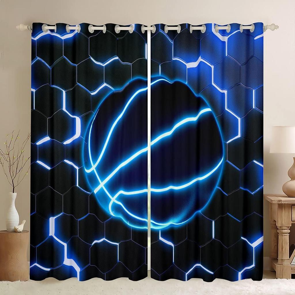 Honeycomb Hexagonal Fluorescent Print Curtains Football Baseball Basketball Curtains for Sports Boys Bedroom Blinds Window 2PCS