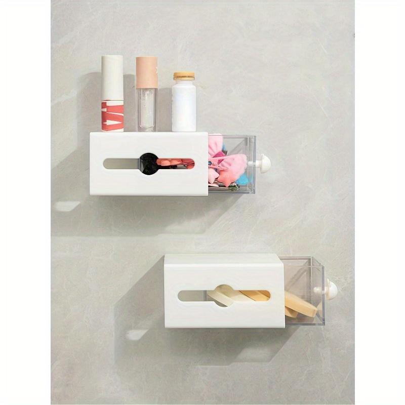 1pc Non Perforated Wall Storage Box Rectangular White Transparent Two-way Drawer For Cotton Swab Bathroom Headband Hair Loop Mini