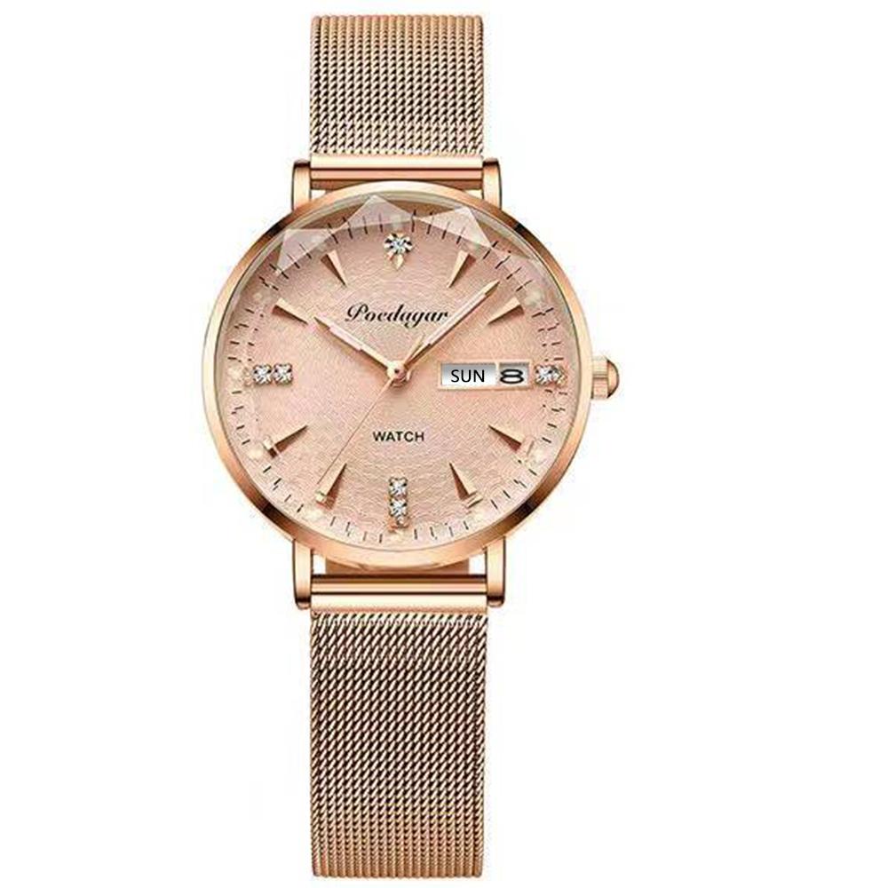 

POEDAGAR Women Watch Rose Gold Stainless Steel Mesh Quartz Movement Simple Waterproof Luminous Ladies watch розового золота