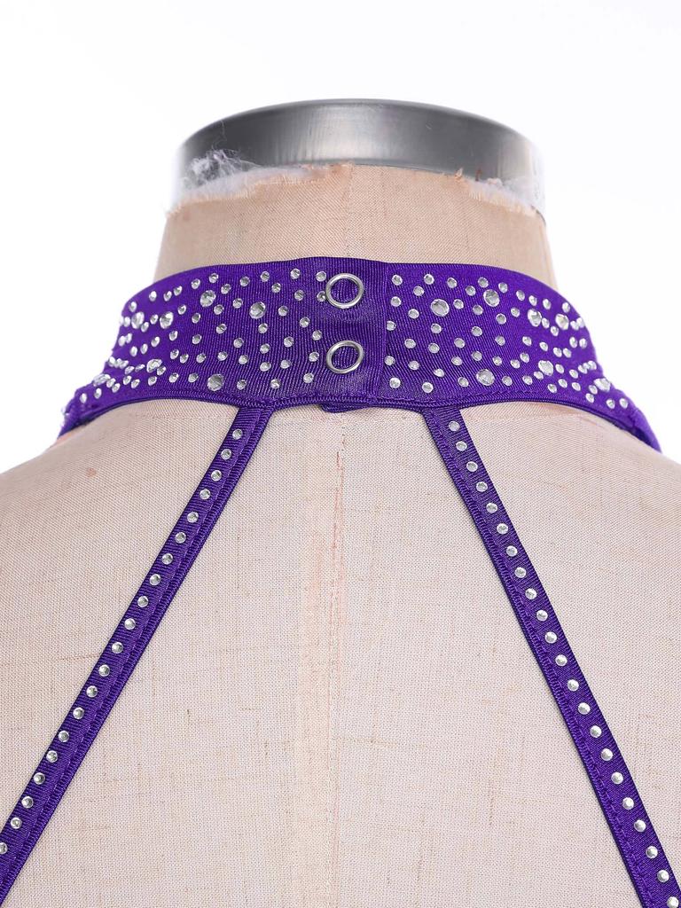 Womens Latin Dance Top Halter Sleeveless Strappy Backless Design Shiny Rhinestones Cross Front Ruched Mesh Crop Top