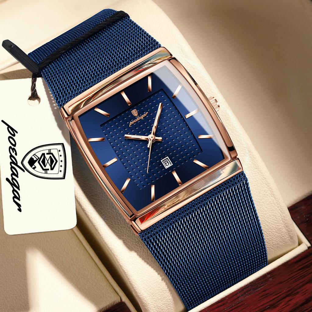 POEDAGAR Luxury Casual Men Clock Stainless Steel Mesh Date Waterproof Luminous Wristwatch Quartz Fashion Watches