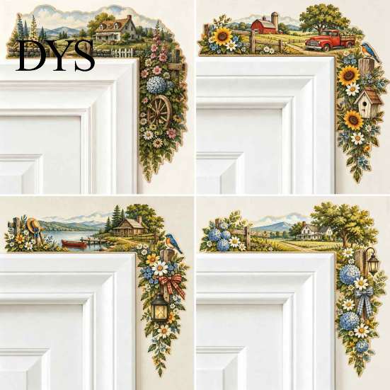 Country Style Wall Art Scenic Countryside Door Frame Corner Decor, Farmhouse Topper Sign, Wooden Scenery Interior Decor Sculpture, Rustic Floral Scene