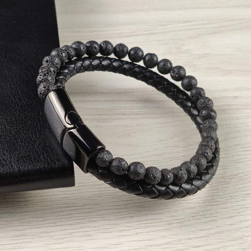 Men Bracelet Rope Stainless Steel Magnetic Natural Stone Leather Beaded Braclet Volcanic Stone bracelet bangles Chain Gift