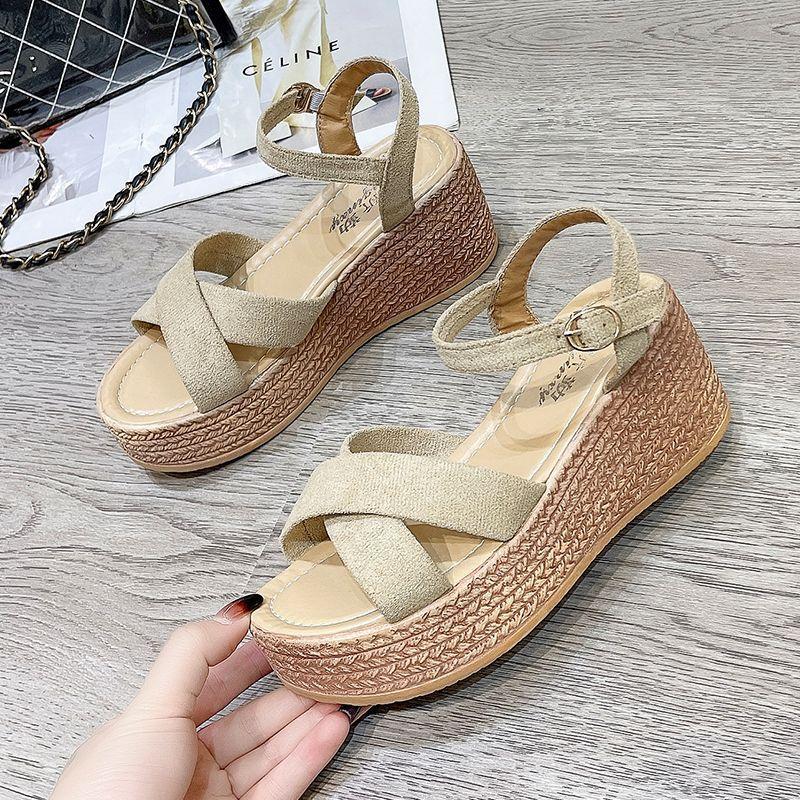 

Босоножки на танкетке женские весенне-летние свадебные туфли на высоком каблуке универсальные туфли на платформе с танкеткой, туфли с ремешком на одной пряжке 40