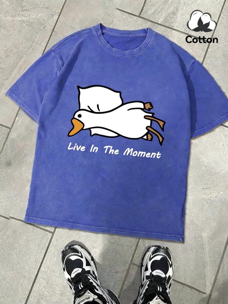 Goose Live In The Moment Design Washed Man TShirt Sport Fashion Short Sleeve ONeck Loose Cotton Clothing Unisex Soft Top