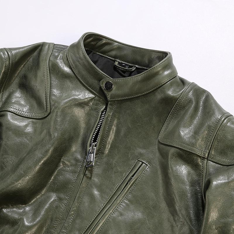 Chaqueta de moto de cuero caqui para hombre - Estilo Venom, cuello alto, piel de vaca