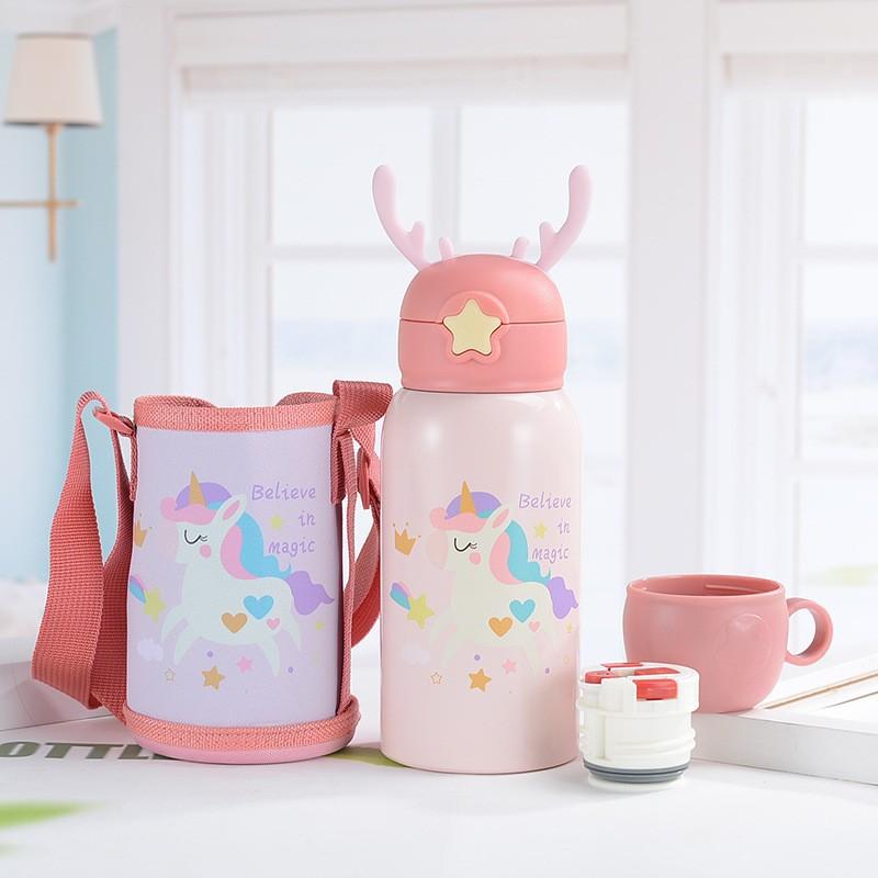 Double Drinking Children's Thermos with Straw 316 Stainless Steel Cartoon Portable Bouncing Lid Doll Student Kettle Water Cup