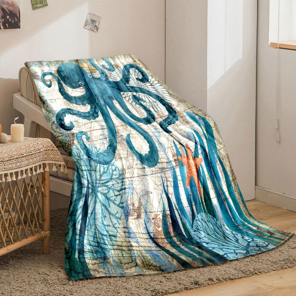 Retro Ocean Themed Blanket with Octopus and Old Nautical Map Print Blanket for Livingroom Couch lunch break Soft throw for Friend's festival Gift