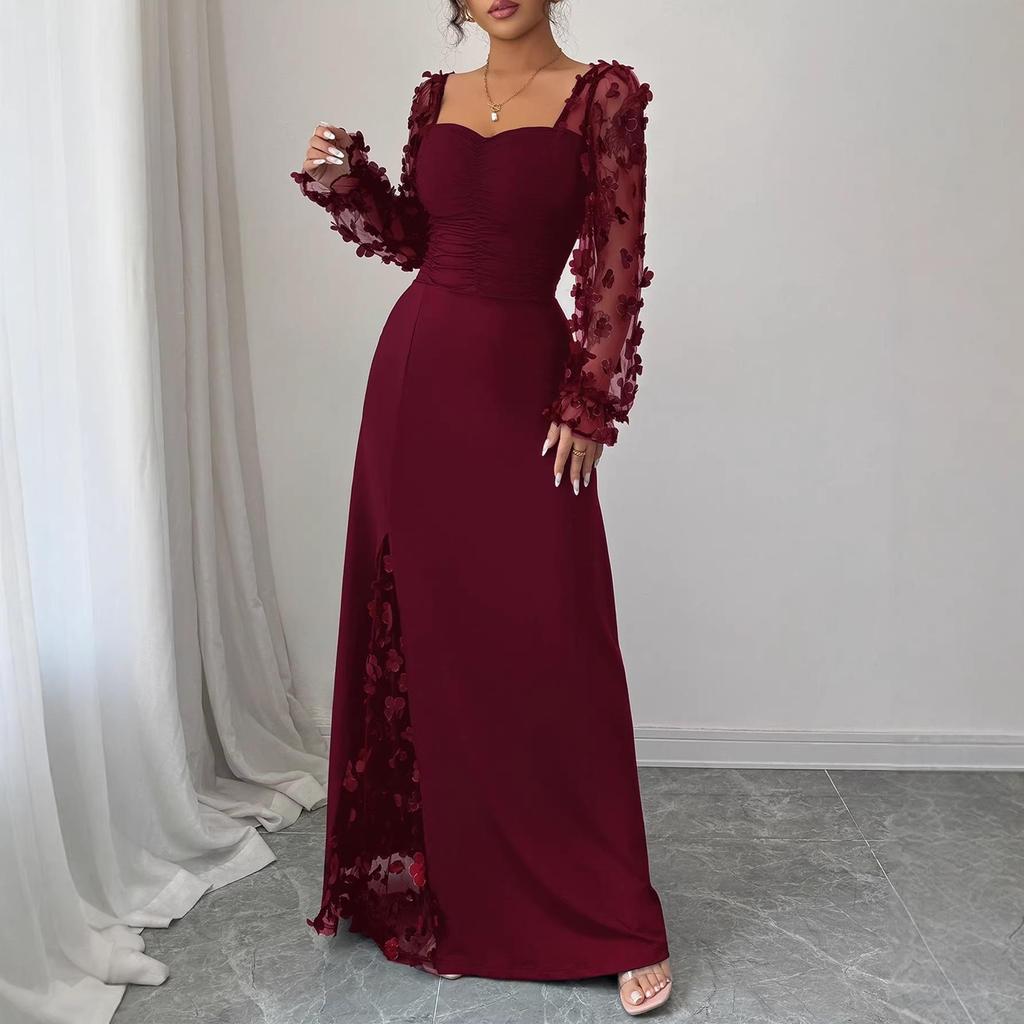 French Retro See-through Long Sleeve Evening Dress (2026)