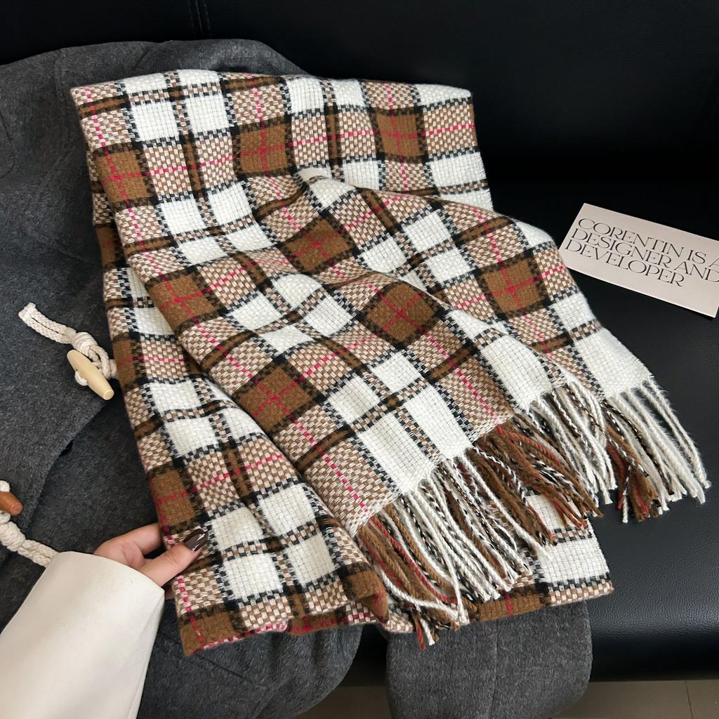 Autumn and Winter High-end Fashion Woven Plaid Scarf Sweet and Elegant Temperament Imitation Cashmere Warm Fringed Shawl