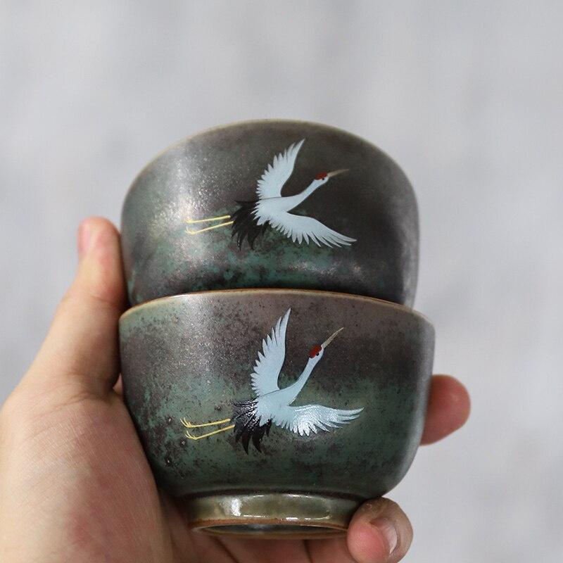 70ml Handmade Ceramic Tea Cup Kung Fu Japanese Tea Set Radiant Crane Auspicious Cup
