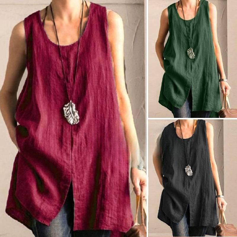Summer Cotton Linen Blouse Round Neck Loose Fitting Spliced Pullover Solid Color Vest Shirts Women’s