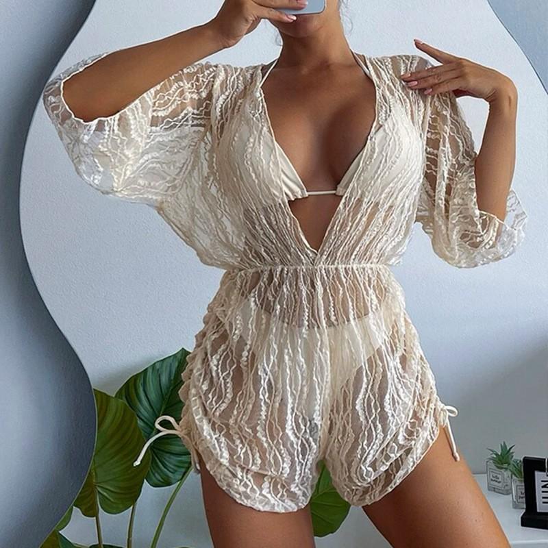 Long Sleeve Mesh Waist One-Piece Swimsuit High Waist Printed Drawstring Three-piece Bikini Skinny
