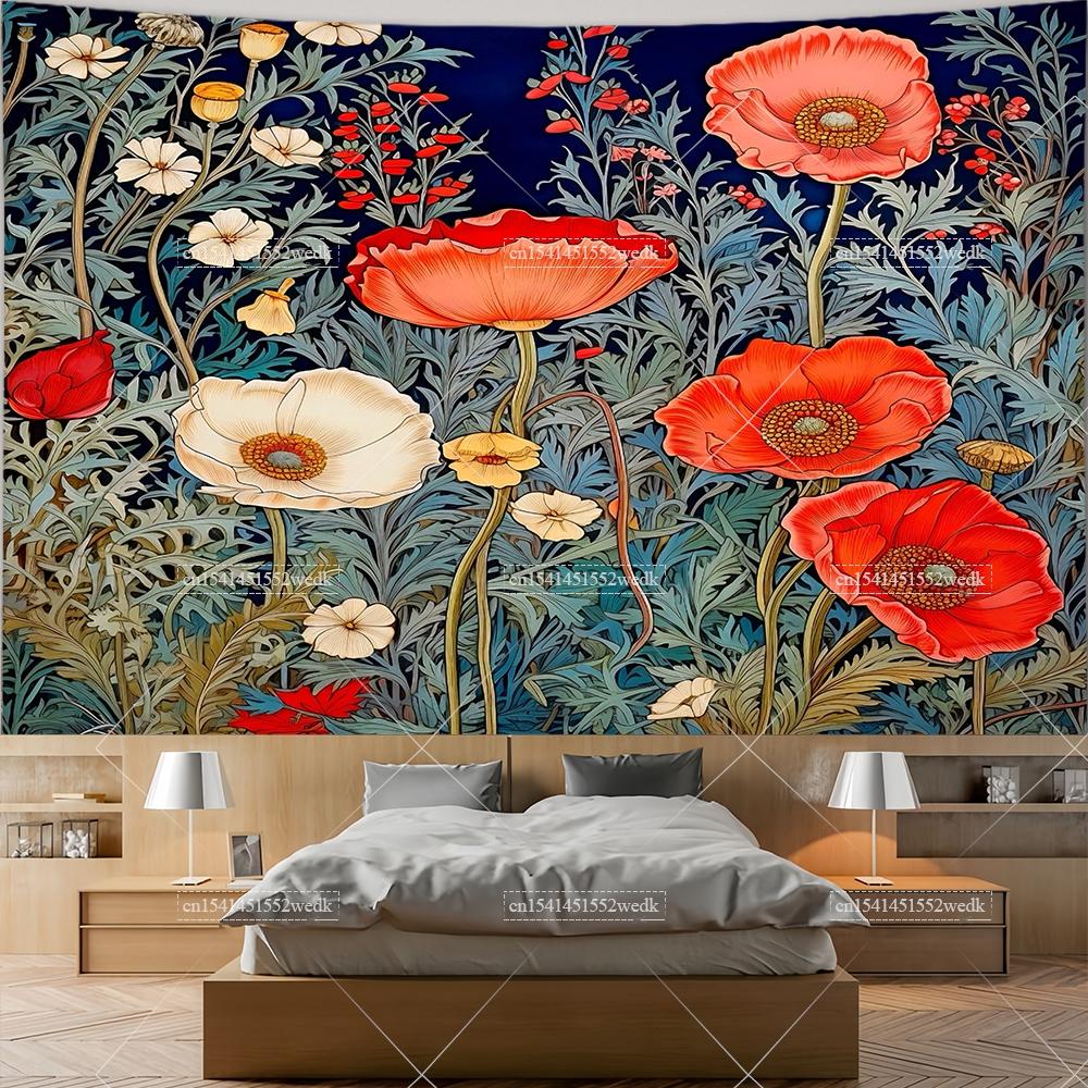 Wildflowers Tapestry Wall Hanging Garden Floral Botanical Tapestries Room Deocr Red Poppies Scenery Photography Background Cloth