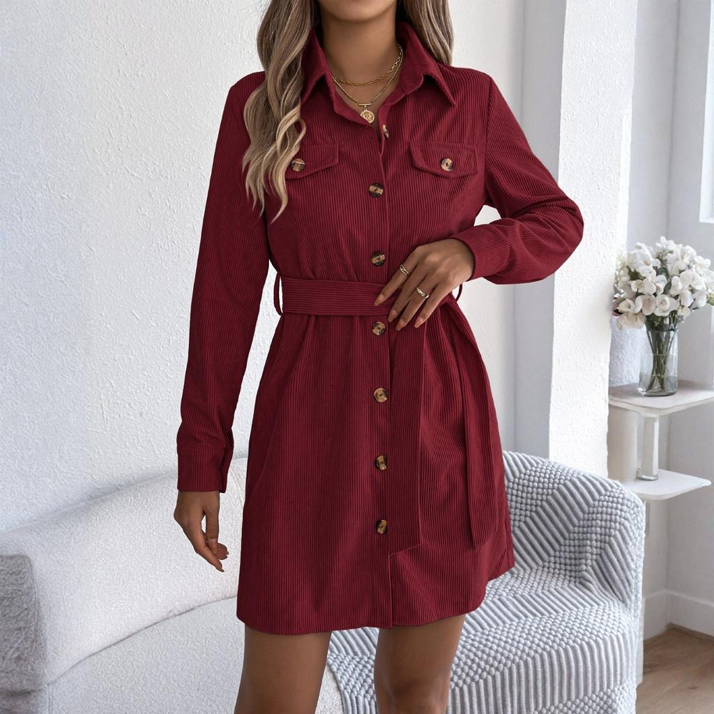 Women's Fashion Casual Solid Color Single Breasted Long Sleeved Lace Shirt Dress