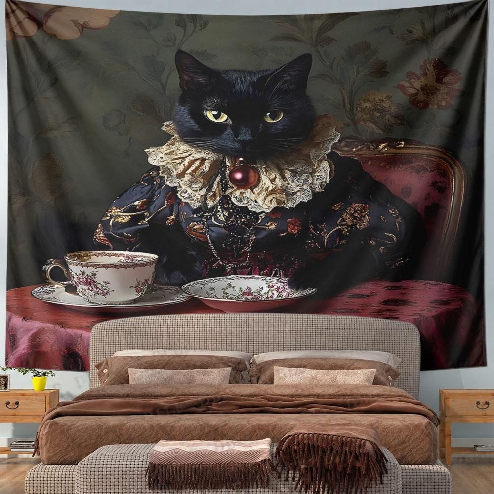 "Regal Black Cat with Victorian Attire" Pattern Wall Hanging Tapestry Decorative Tapestry Home Decor for Bedroom and Living Room