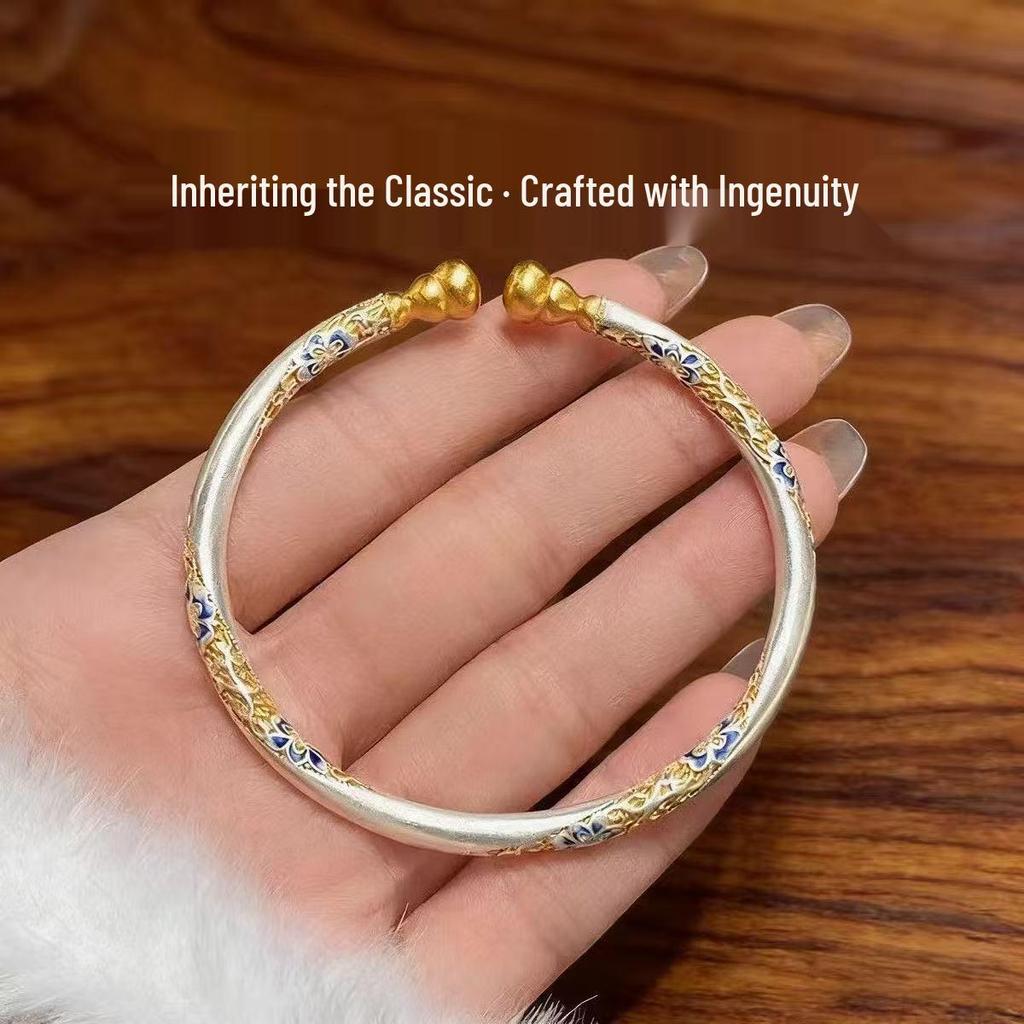 Gold Enamel & Sterling Silver Blooming Flowers Gourd Bangle - Versatile Gift for Girlfriend
