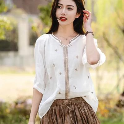 Summer Women's Cotton Linen Embroidered Shirt Pullover Shirt Retro T-shirt Loose V-neck Top Blouses Shirts