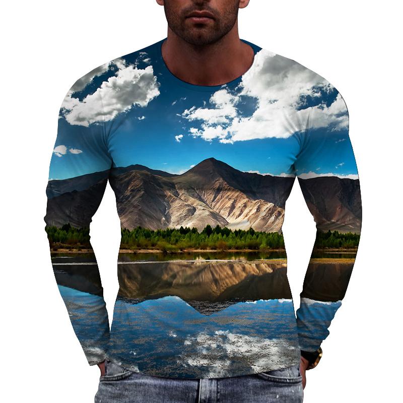 Snowy Mountain Pattern Men's T-shirts Scenery 3D Printed T-shirts Summer Casual Long Sleeves O-Neck Loose Tops