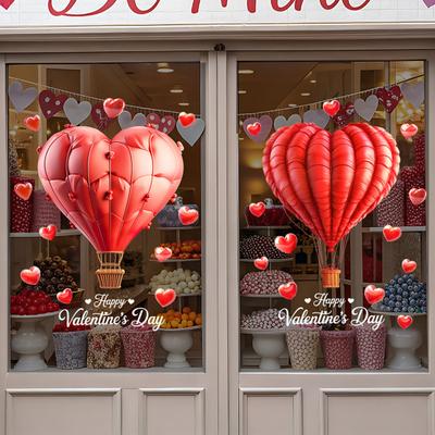 Heißluftballon Fensteraufkleber Frohen Valentinstag Herzform Ballon Statischer Glasaufkleber Wasserdicht Hochzeit Feiertagsparty Fensterdekoration Aufkleber